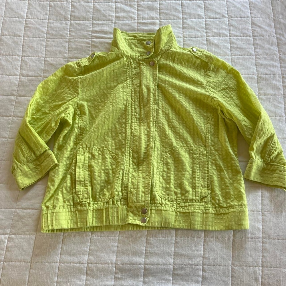 Chico's Green & Yellow Textured Jacket | 100% Cotton Button-Up | Boho Retro